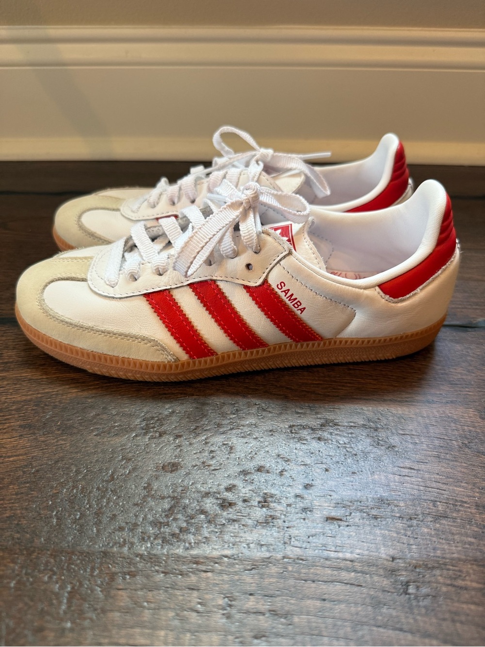 adidas Samba Leather Sneaker in White & Red with Gum Sole - Picture 4 of 6